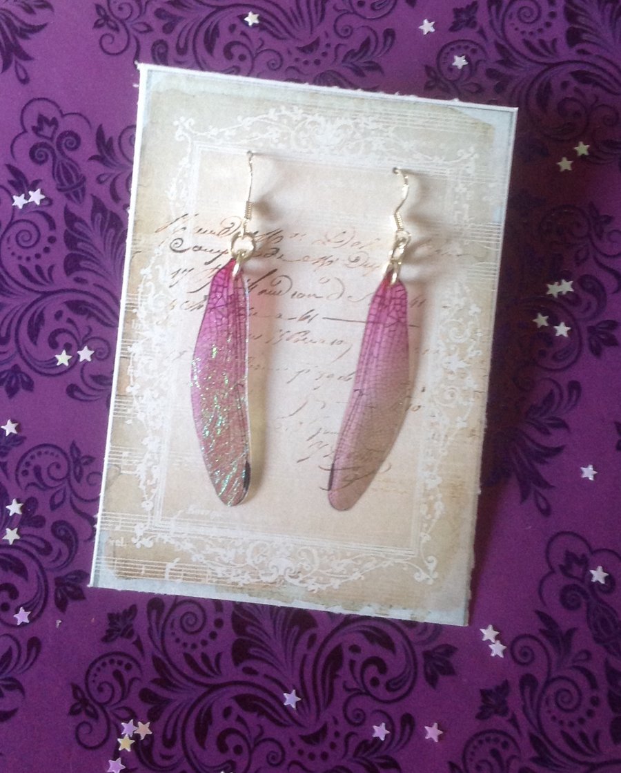 Pink and Bronze Dusted Faux Dragonfly Fairy Wing Sterling Silver Earrings