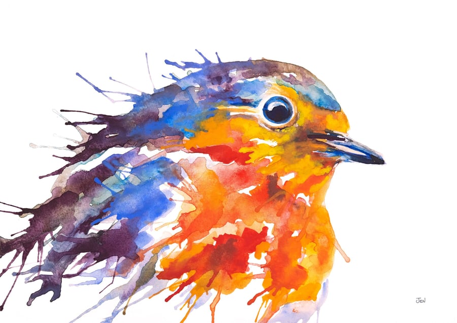 Robin watercolour print, bird painting, abstract wall art