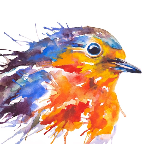 Robin watercolour print, bird painting, abstract wall art