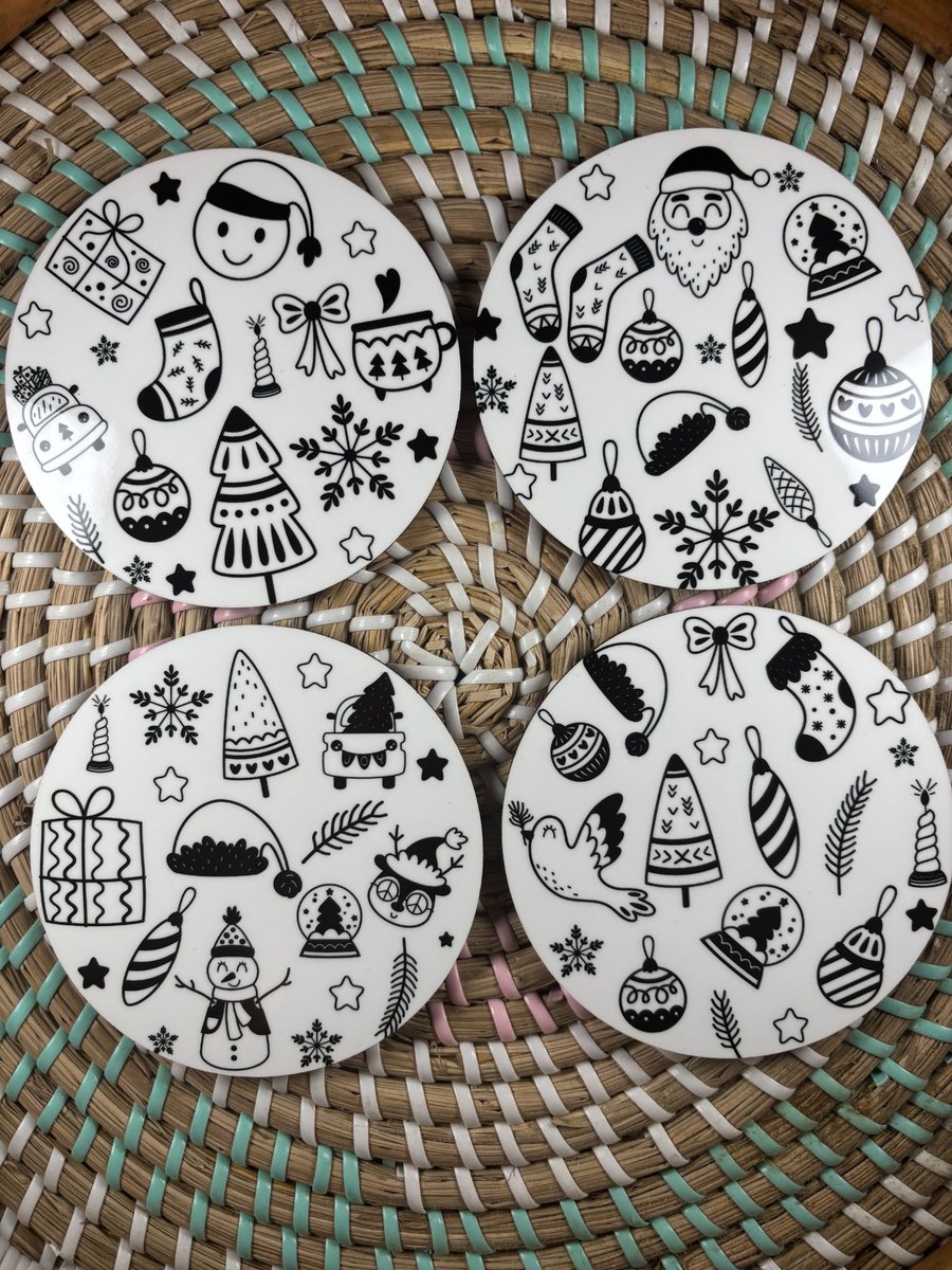 Black & White Christmas Coaster Set – Handmade Wooden Festive Coasters – 4 Piece
