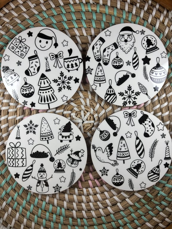 Black & White Christmas Coaster Set – Handmade Wooden Festive Coasters – 4 Piece