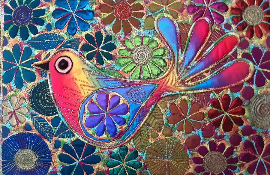 Fantasy Bird Textile Art Free Machine Embroidery 