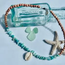 Semi-Precious Larimar  & Amazonite Necklace with Cowrie Shell & Silver Detail
