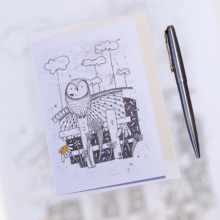 On a cloudy day Owl illustration art card from original artwork