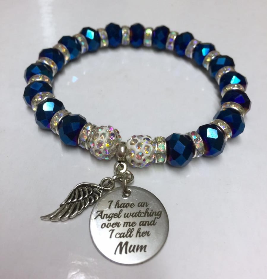Blue sparkly I have an Angel watching over me and I call her mum bracelet