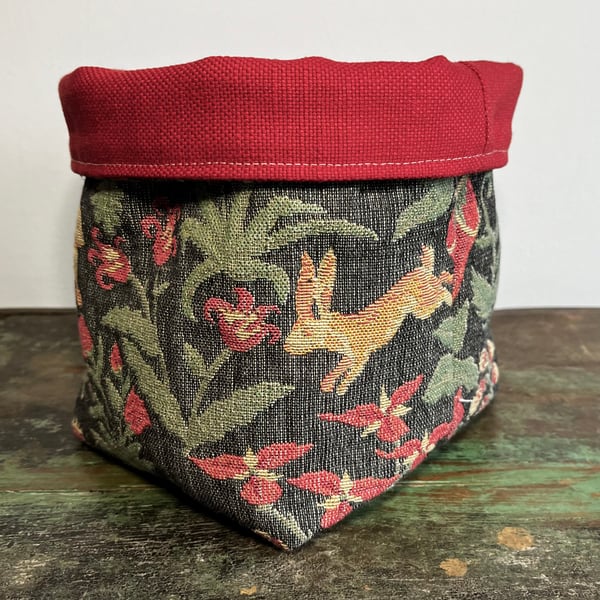 Woodland tapestry and plain red reversible storage basket rabbits flowers
