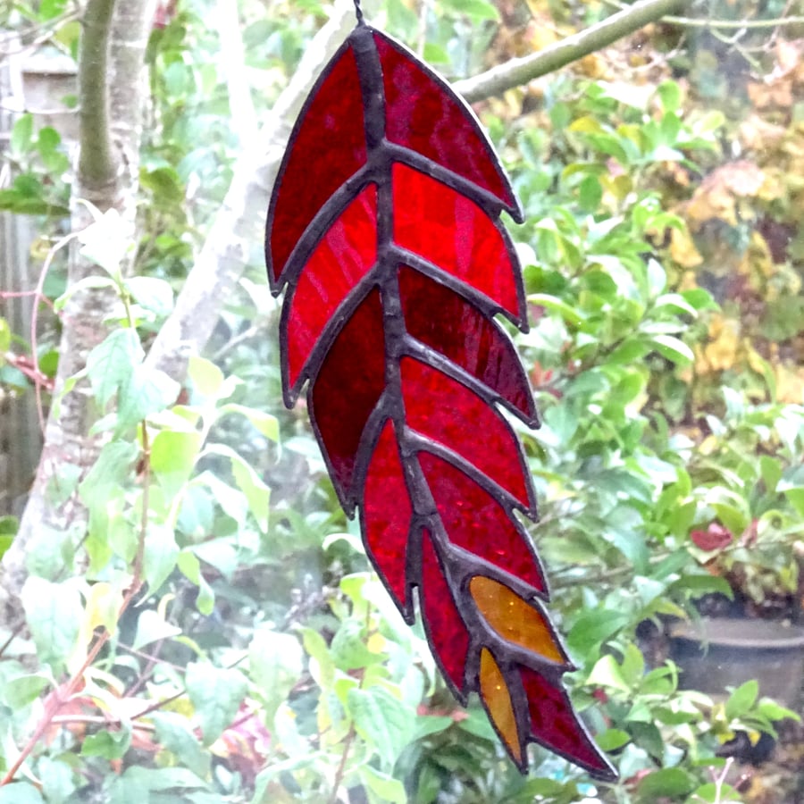 Stained Glass Feather Suncatcher - Handmade Window Decoration - Red   