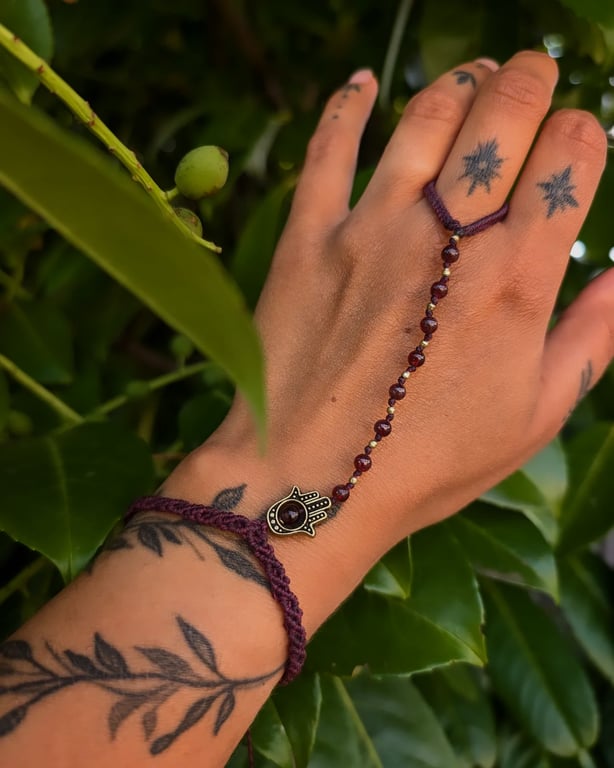 Finger Bracelet with garnet and hamsa hand in burgundy