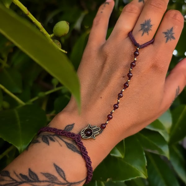 Finger Bracelet with garnet and hamsa hand in burgundy