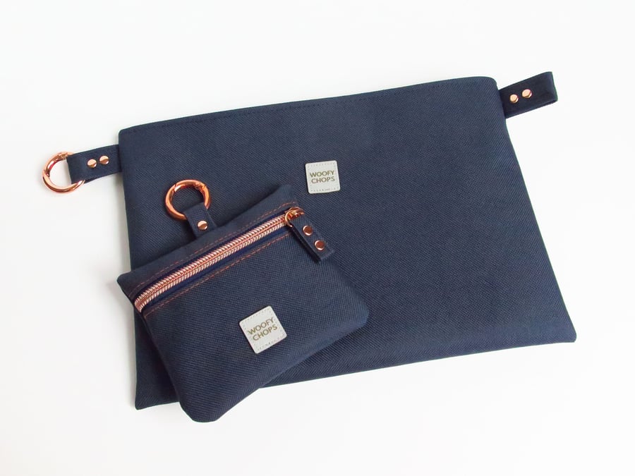 Dog Treat Bag & Grooming Bag Gift Set - NAVY BLUE with Rose Gold Hardware