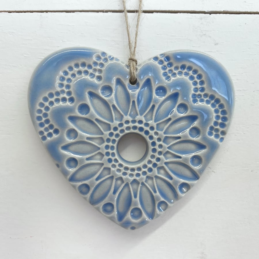 Pottery heart hanging decoration Pale Blue