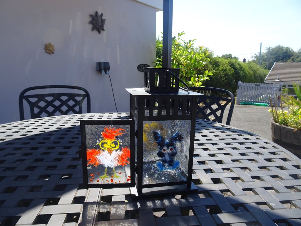 Home Design Fused Glass lantern. Sturdy Black Metal frame