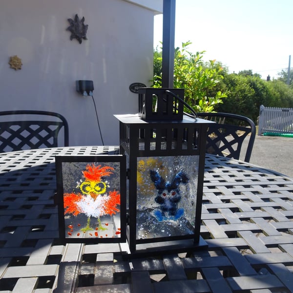Home Design Fused Glass lantern. Sturdy Black Metal frame