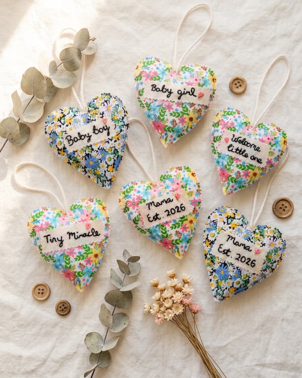 New Baby Gift – Personalised Fabric Heart Decoration – Baby Shower Gift