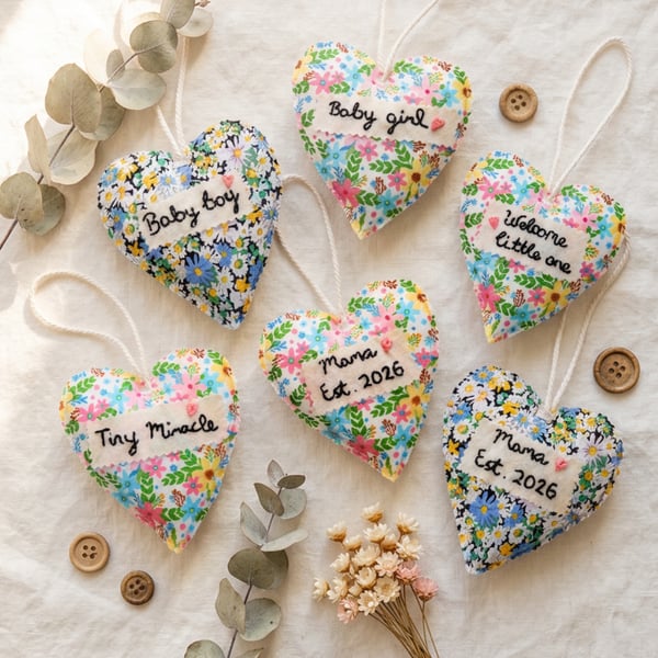 New Baby Gift – Personalised Fabric Heart Decoration – Baby Shower Gift