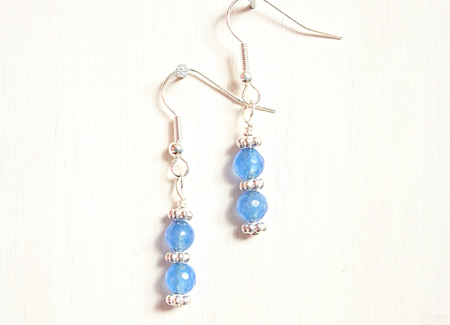 Blue Malaysian jade and silver dangle earrings with daisy spacers