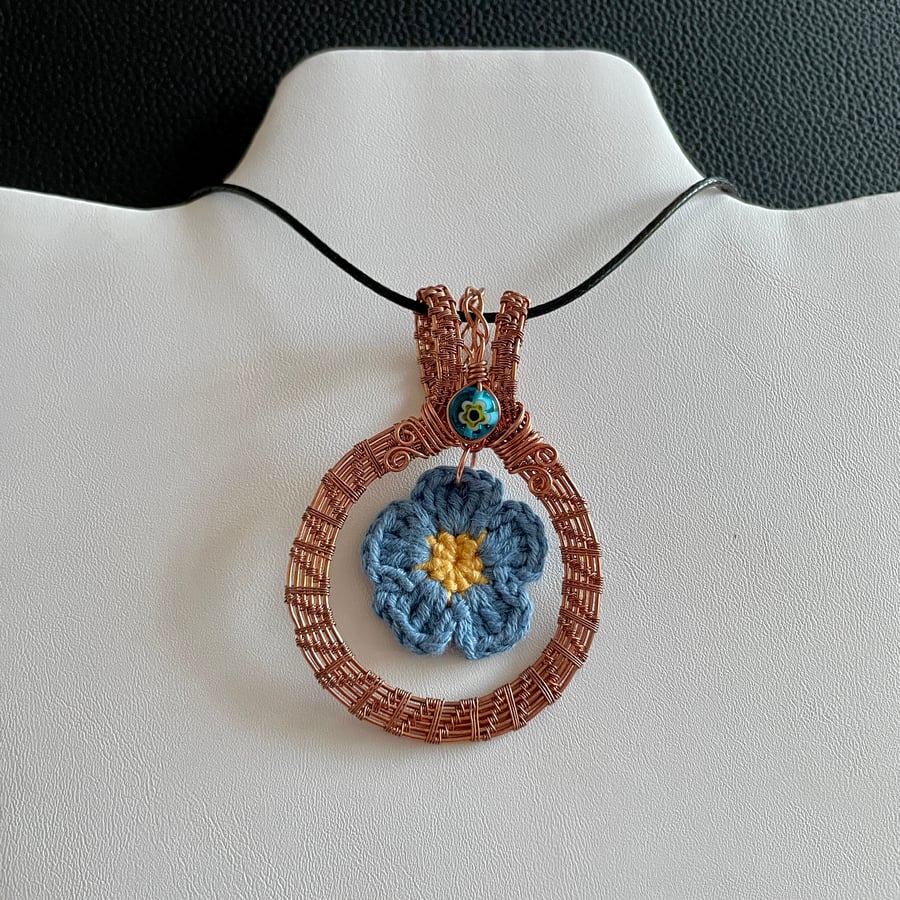 Crochet Forget Me Not Wire Wrapped Copper Pendant 