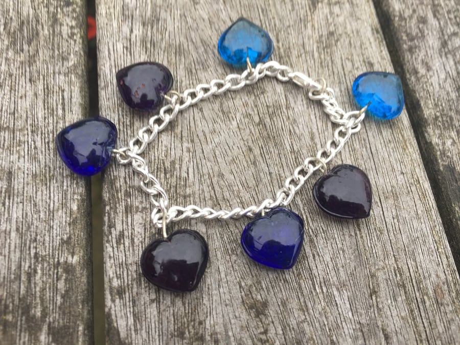 Purple and blue glass heart bracelet