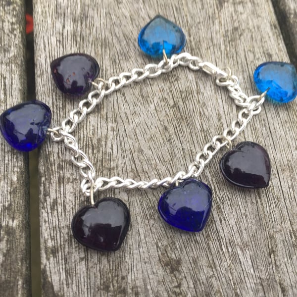 Purple and blue glass heart bracelet