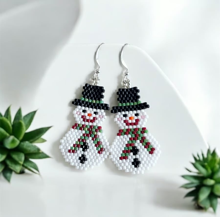 Festive Christmas Snowman beadwork earrings