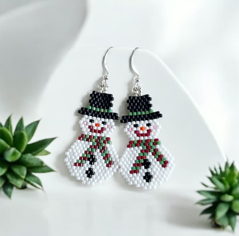 Festive Christmas Snowman beadwork earrings