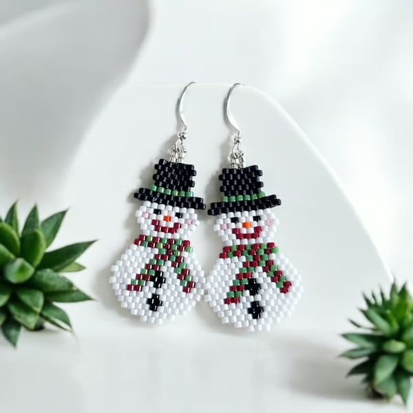 Festive Christmas Snowman beadwork earrings