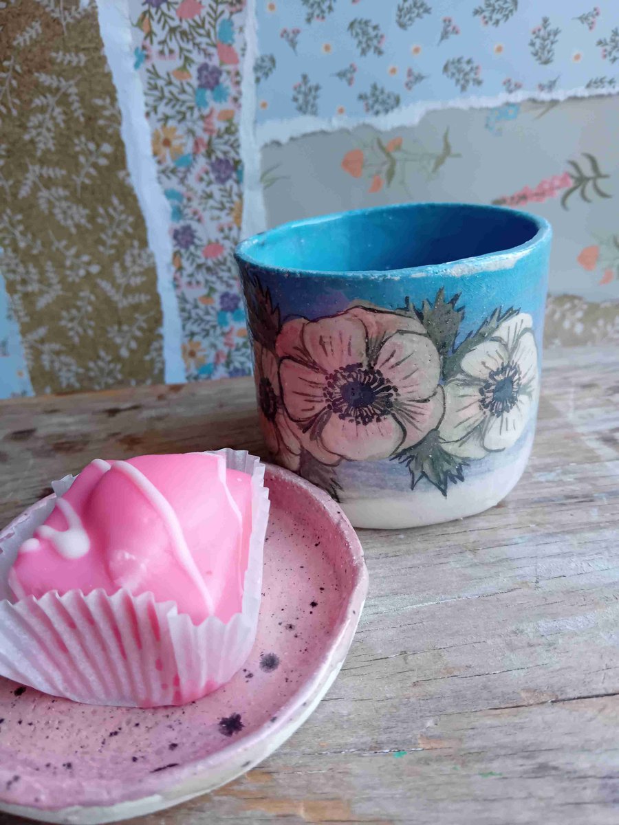 Anemone cup, hand painted earthenware ceramic wood fired, organic shape