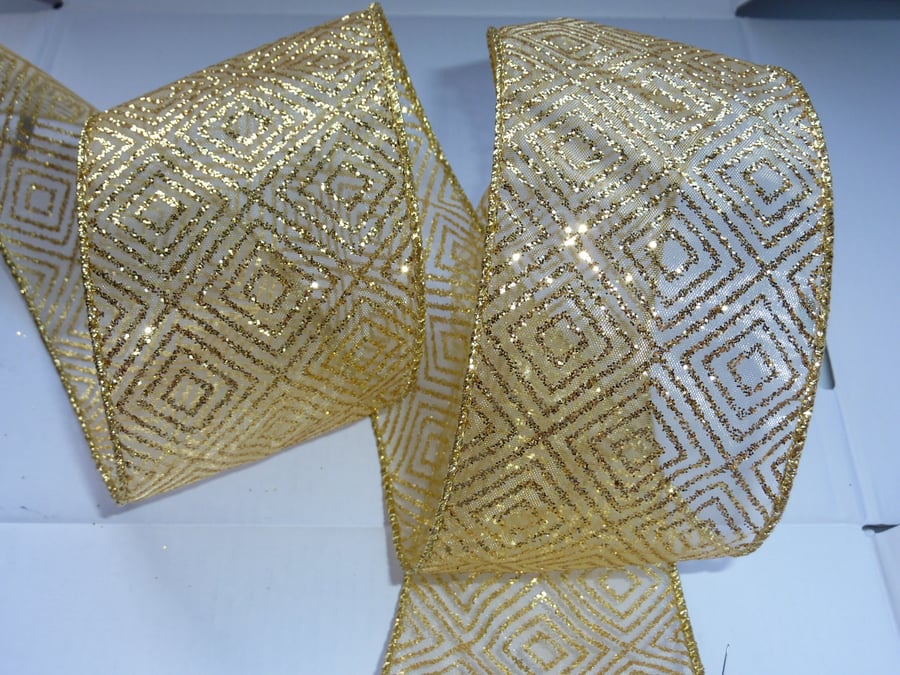 1 Metre Wire Edged Ribbon 63mm Sheer Gold Glitter Geo 