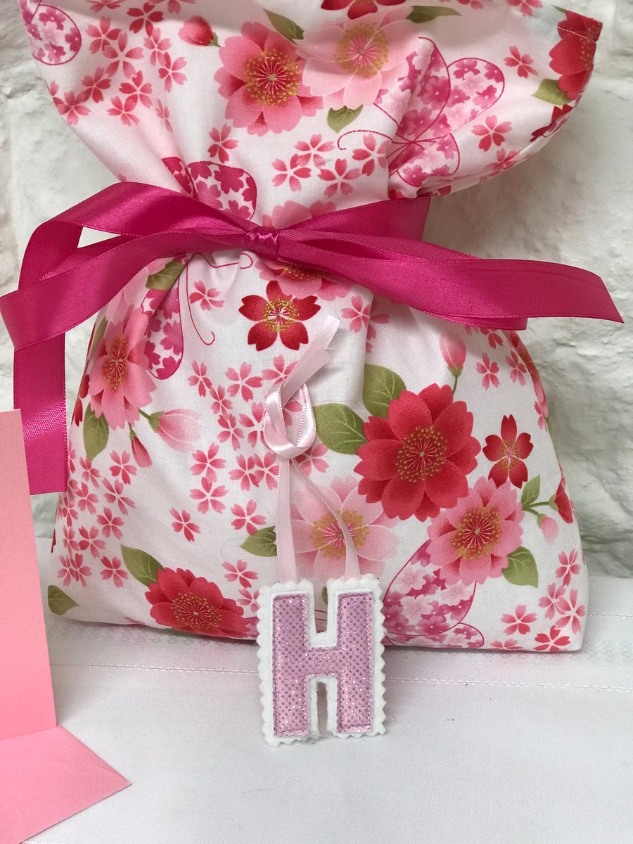 Gift Wrap Set of Reusable Pink Fabric Gift Bag & Personalised Gift Tag 