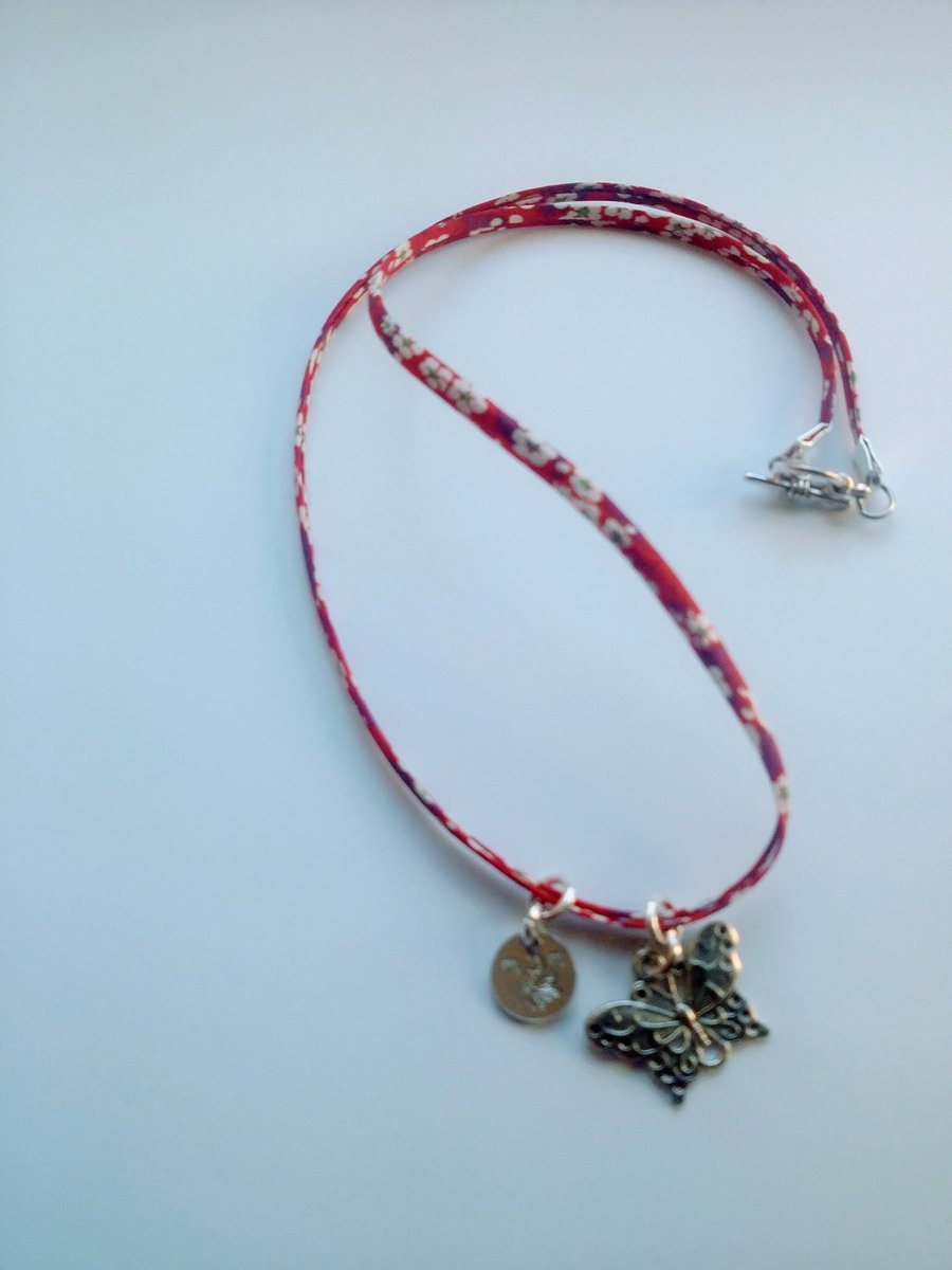 Liberty print mum necklace hand stamped with butterfly charm half price