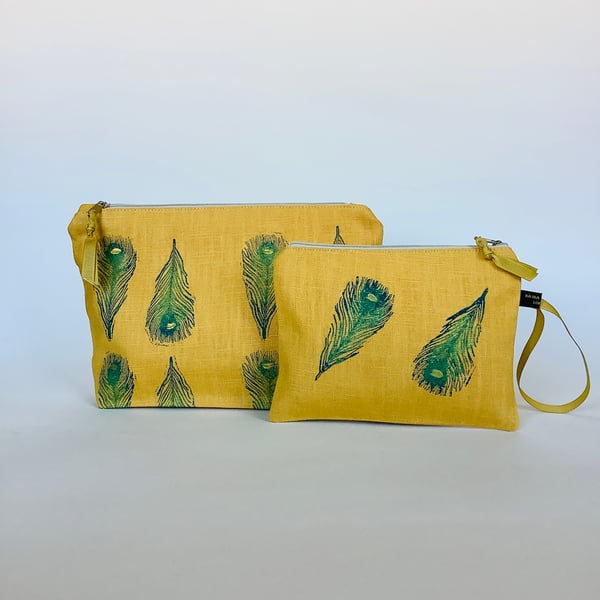 Linen Makeup Bag Peacock Feathers Print; Hand printed Clutch Bag