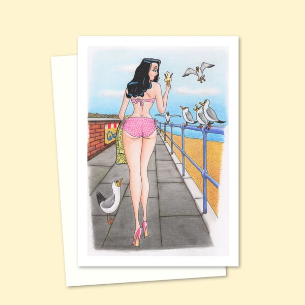 Seaside Holiday Greetings Card with a Retro Postcard Style Illustration (808)