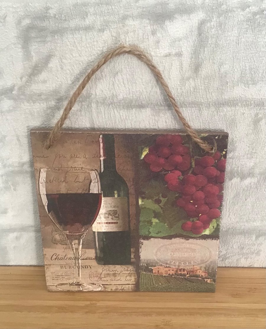 Red wine & grapes wood hanging wall plaque.