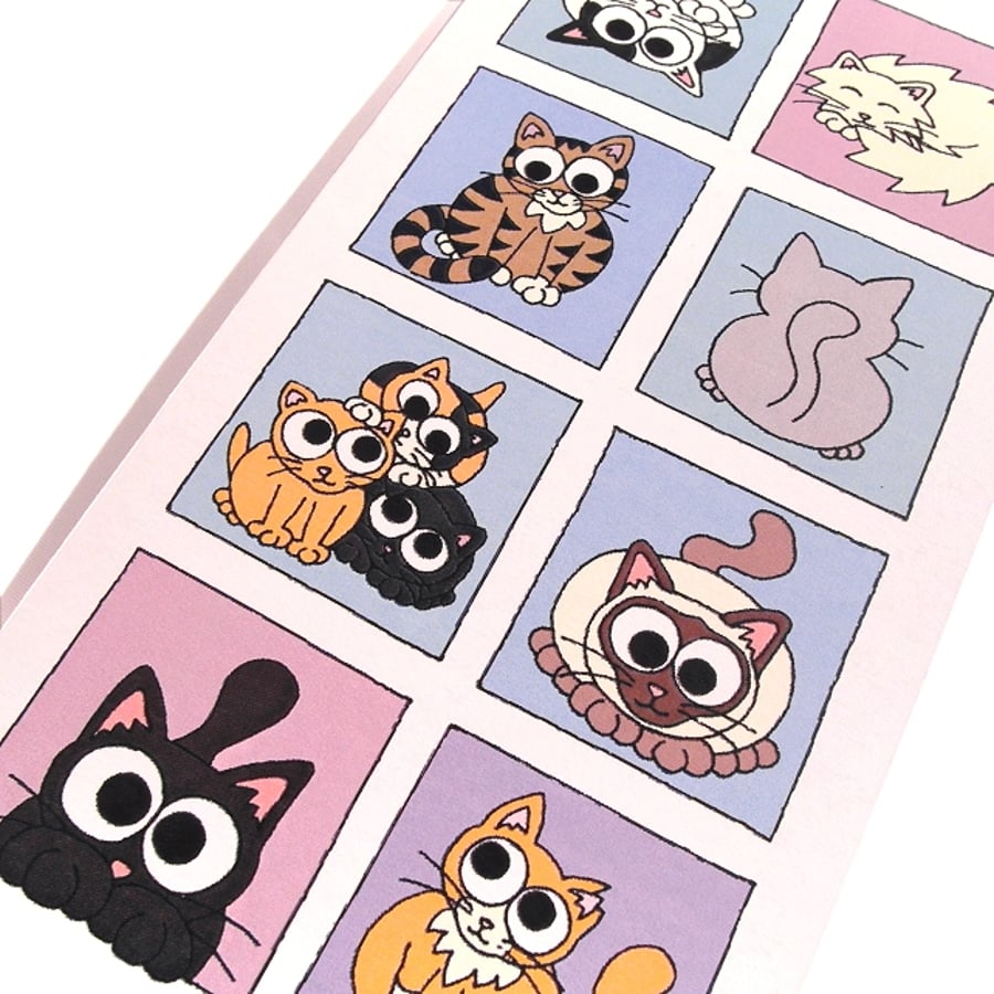 Cartoon Cats Card - blank inside. A variety of cute cats in blue boxes. CT-CSC