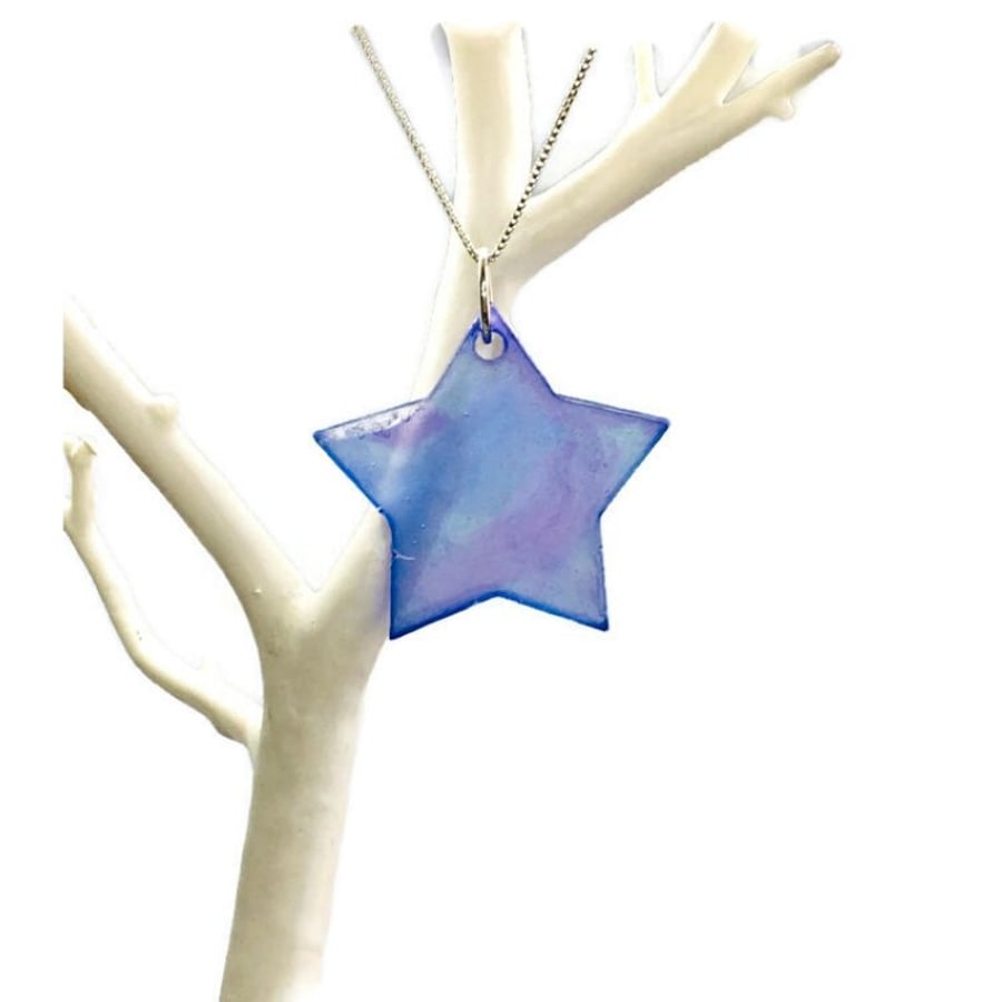 Star necklace hand painted purple and blue on sterling silver chain.