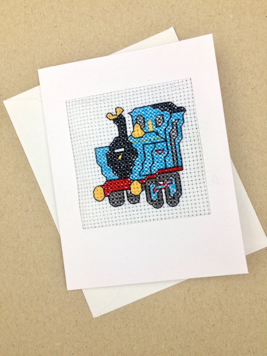Sale...A Train for Birthday. Train Lover. Blank. Child. Cross Stitch Card