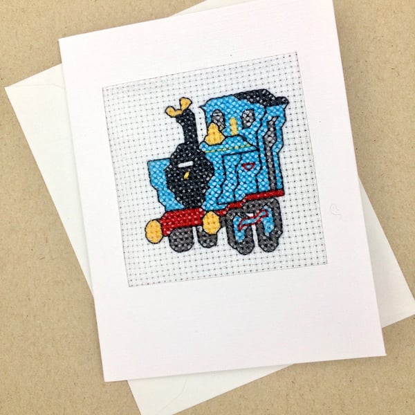 Sale...A Train for Birthday. Train Lover. Blank. Child. Cross Stitch Card