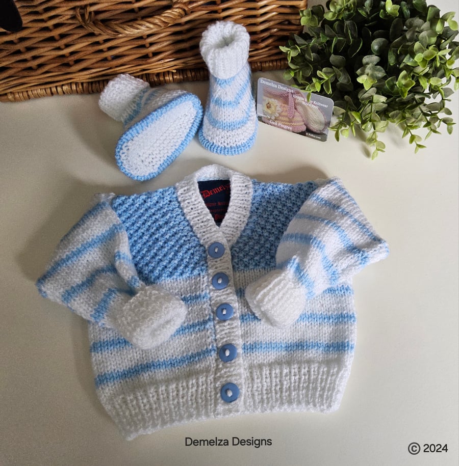 Hand Knitted  Baby Boys Cardigan & Booties Set 3-6 months 
