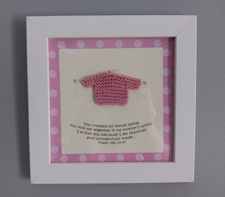 Framed Bible Text with Pink Knitted Jumper for Baby Girl Size 22.5cm x 22.5cm