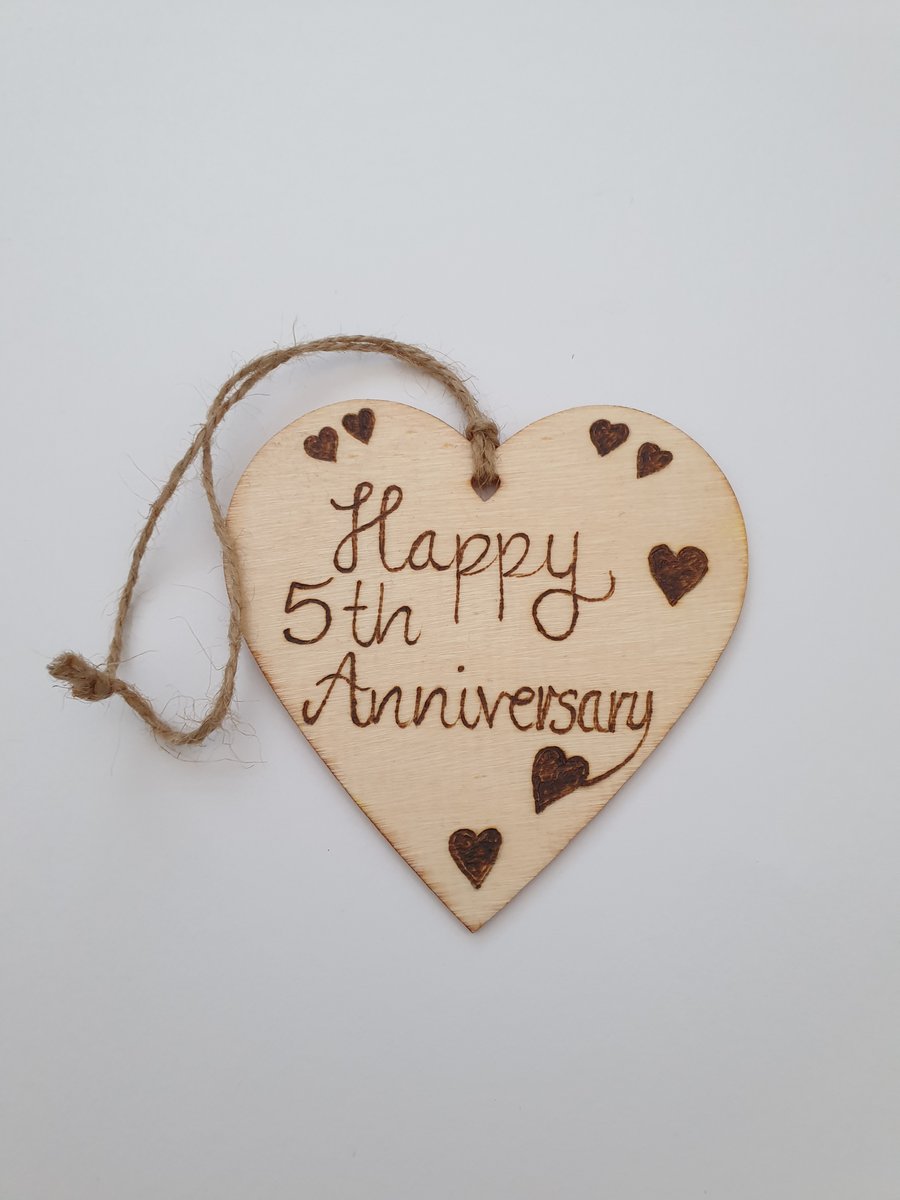 5th Anniversary pyrography wooden hanging heart