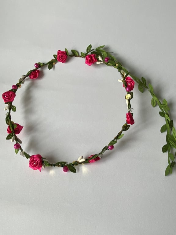 Hot Pink Fabric Flower Crown with sequins & beads - One size, Long Lasting!