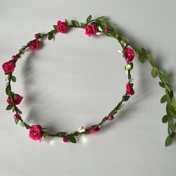 Hot Pink Fabric Flower Crown with sequins & beads - One size, Long Lasting!