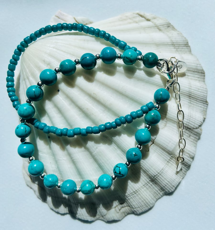 Natural Turquoise & Sterling Silver Bead Bracelet