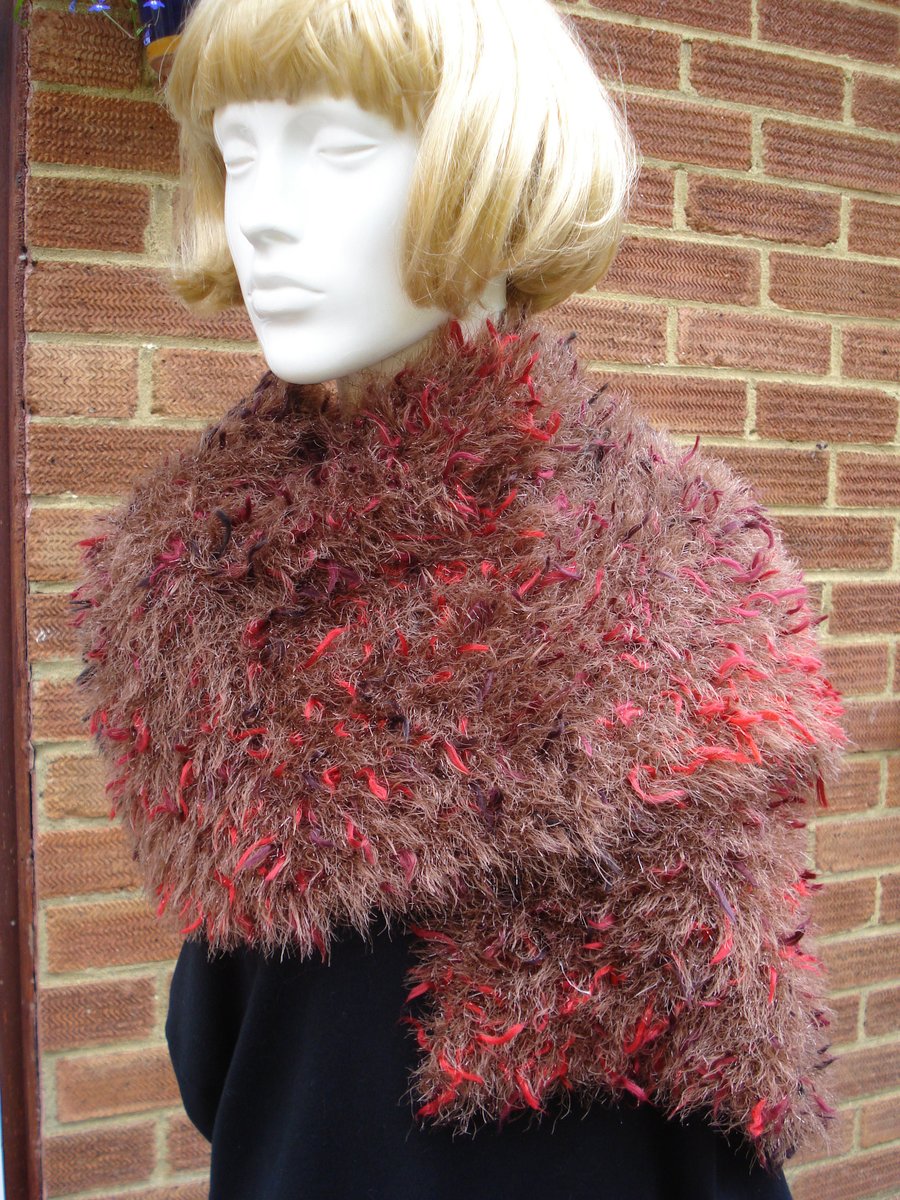 Hand Knitted Large Scarf Wrap Russet Red Autumn Colours With Sparkle (R634)