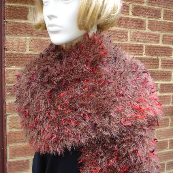 Hand Knitted Large Scarf Wrap Russet Red Autumn Colours With Sparkle (R634)