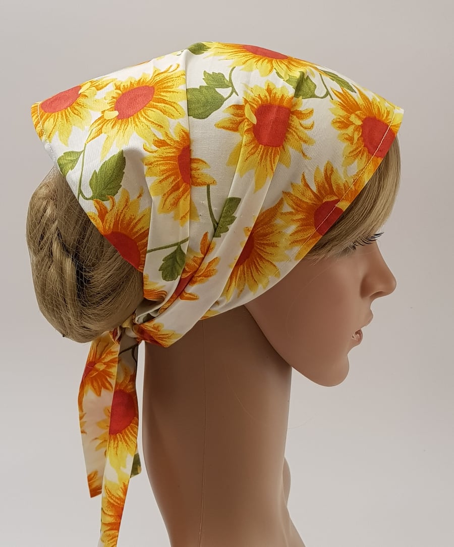 Sunflower head scarf, wide cotton headband, nurse hair cover, bandanna
