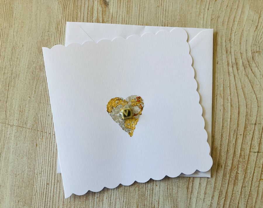 Hand made card, blank card, gold leaf Loveheart  design