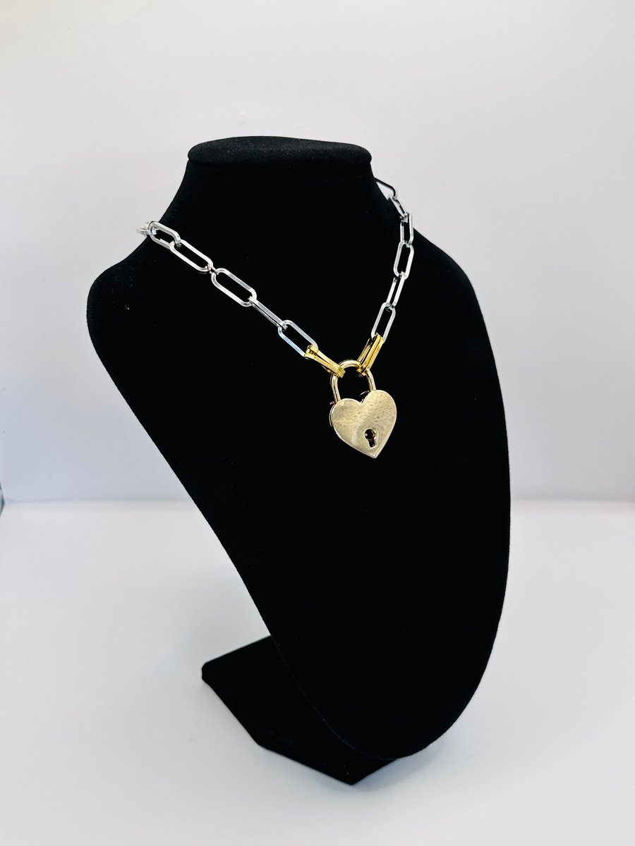 Stainless Steel Padlock Necklace, Chunky Chain Two Tone Necklace