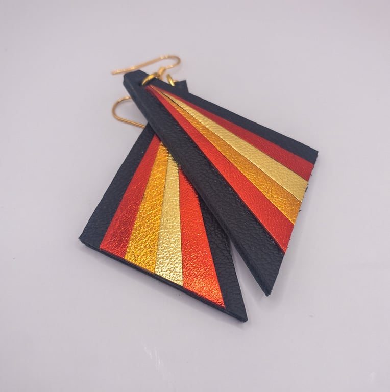 Art Deco inspired autumn colours triangle leather earrings, metallic leathers 