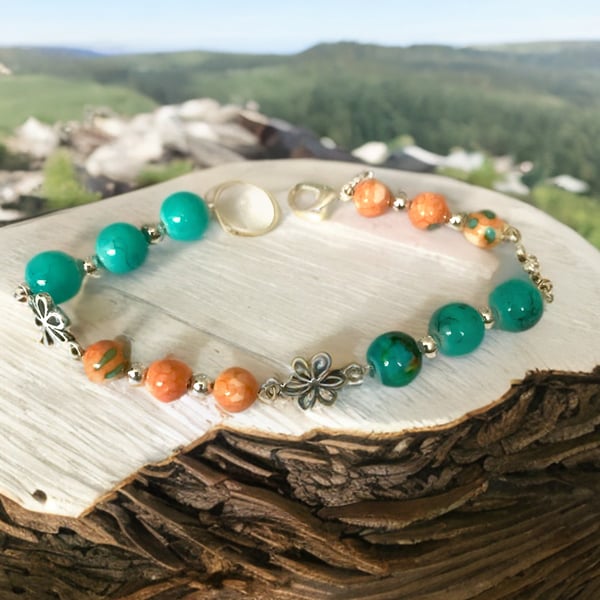 Silver Bracelet, Flower, Vibrant Turquoise  and Orange Glass Beads, 7.5” 